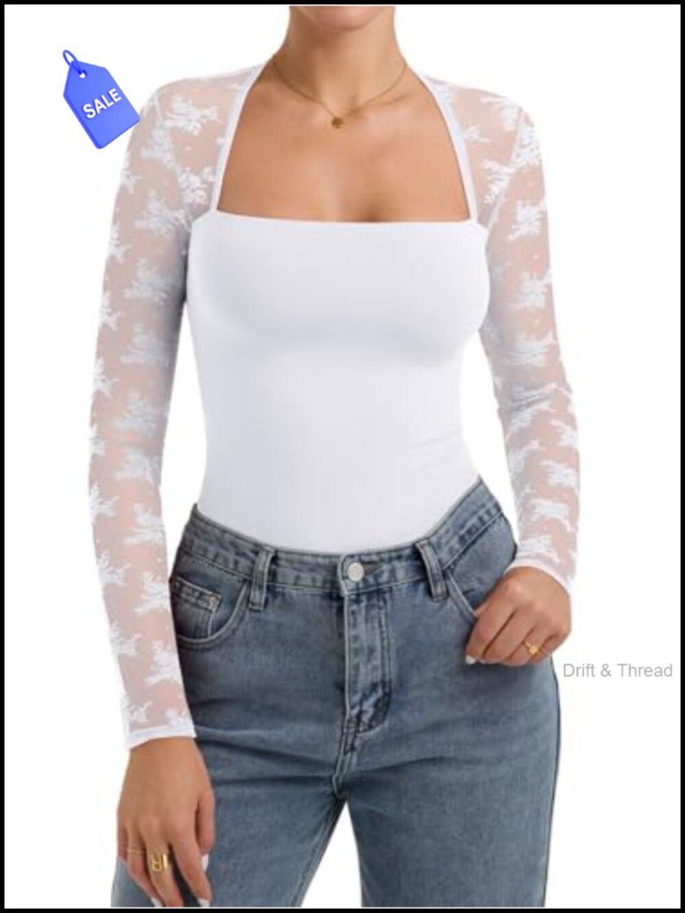 Women's Square Neck Lace Long Sleeve Tee - Sheer Floral Mesh, Slim Fit